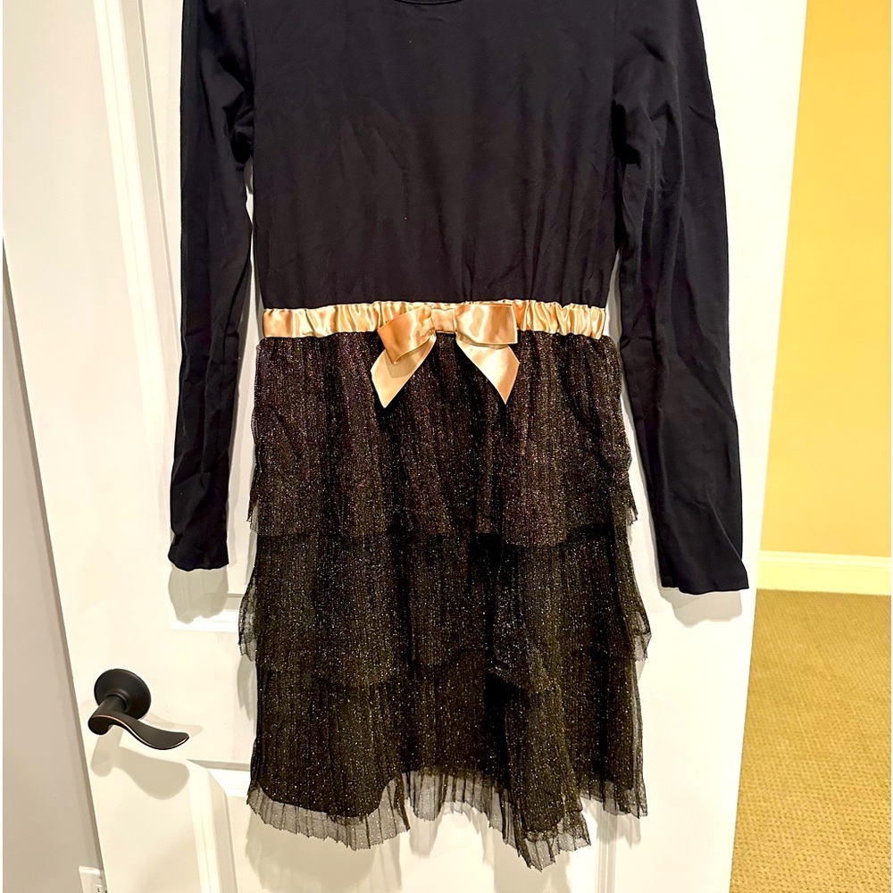 Hannah Anderson black dress with layered skirt &  gold bow